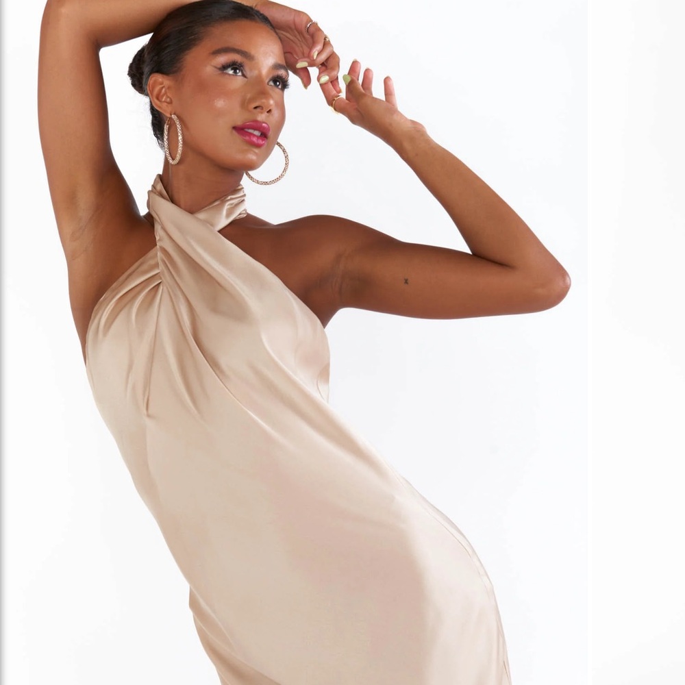 Jasmine Maxi Halter Dress in Champagne Luxe Satin